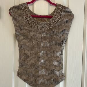 Nicola Gold Crinkle Lace Shell Top L Textured Vintage Glam Metallic Look